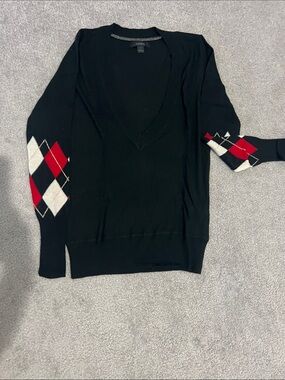 Express Black V-Neck Sweater with Red & White Argyle Sleeves